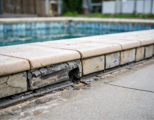 BEFORE Cracked and damaged pool coping near the edge of a swimming pool.